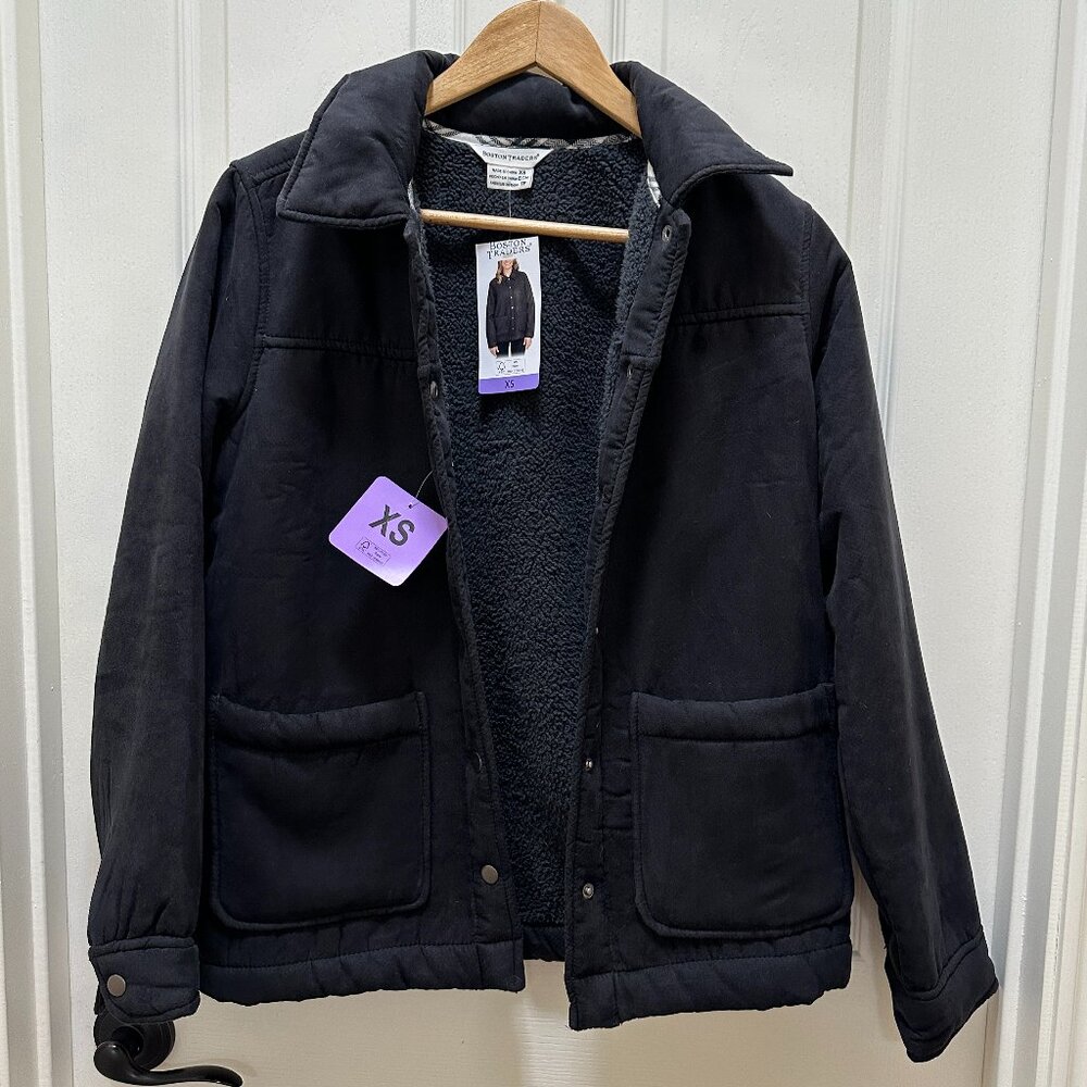Boston Traders Women's Faux Suede Sherpa Lined Trucker Jacket Size XS Black NEW